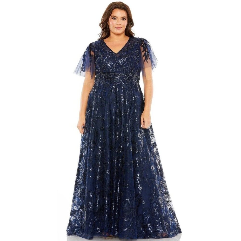 Mac Duggal Floral Gown Dress Size 14 Blue‎ Embroidered Sequin Tulle 20469 $798